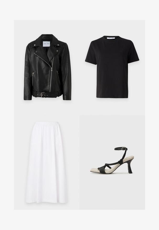 Chaqueta de moto de cuero negro con cremalleras en tono plateado, cintura con cinturón y solapas puntiagudas. Cuenta con dos bolsillos con cremallera y una textura suave.; Camiseta negra de manga corta hecha de algodón suave, con un cuello redondo, corte relajado y una textura lisa. Sin patrones ni gráficos visibles.; Falda blanca, de longitud a la rodilla, con una cintura elástica, que presenta un diseño sencillo y una tela ligera, exhibiendo una textura lisa y uniforme.; Sanda¡ía de tacón negro con diseño de tira trenzada, punta cuadrada y correa ajustable en el tobillo. Plantilla de color beige claro con un tacón negro brillante.