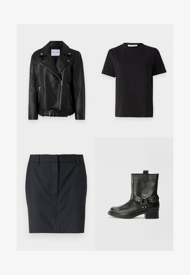 Mustaliselt nahast mootorratturi jope, millel on hõbedased tõmblukud, vöökoht ja teravad kraed. Omab kahte tõmblukuga taskut ja sile tekstuur.; Must have lühikeste varrukatega t-särk, mis on valmistatud pehmest puuvillast, ümmarguse kaelusega, lõdva sobivusega ja sileda tekstuuriga. Ei ole nähtavaid mustreid ega graafikat.; Mustra mustriga mustriga seelik, millel on vöökohad ja peidetud eesmine sulgemine, esitatud valge tausta against.; Samsøe Samsøe SABRENTA - Kauboi/mootorratturi poolsaapad - black