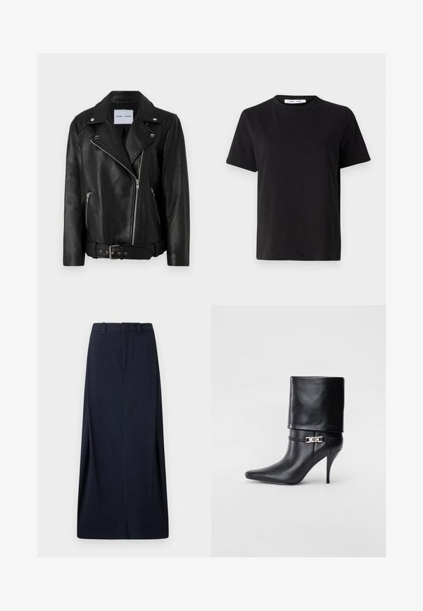 Jachetă de motociclist din piele neagră, cu fermoare din metal argintiu, talie cu curea și rever ascuțite. Dispune de două buzunare cu fermoar și o textură netedă.; Tricou negru cu manșon scurt, fabricat din bumbac moale, având un guler rotund, o croială lejeră și o textură netedă. Fără modele sau grafice vizibile.; Fustă lungă albastru marin, realizată din țesătură, cu croi drept, bucle pentru curea și fermoar ascuns. Linii curate și design minim.; Botine negre din piele, cu vârf ascuțit, toc înalt și subțire, cu manșetă pliată și un detaliu decorativ cu cataramă aurie la gleznă.