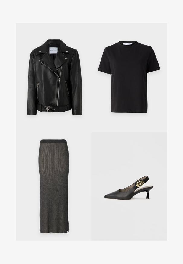 Jachetă de motociclist din piele neagră, cu fermoare din metal argintiu, talie cu curea și rever ascuțite. Dispune de două buzunare cu fermoar și o textură netedă.; Tricou negru cu manșon scurt, fabricat din bumbac moale, având un guler rotund, o croială lejeră și o textură netedă. Fără modele sau grafice vizibile.; Fustă midi tricotată în gri închis, cu dungi verticale, siluetă ajustată și slituri la tiv pentru ușurința mișcării. Material moale, texturat.; Sandal cu toc înalt negru, cu vârf ascuțit, textură de piele netedă și accent de cataramă aurie pe curea.