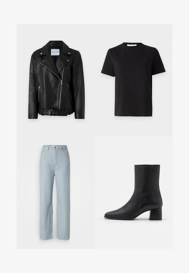Giacca da motociclista in pelle nera con zip in tono argento, vita con cintura e rever a punta. Presenta due tasche con zip e una superficie liscia.; T-shirt nero a maniche corte realizzato in morbido cotone, con scollatura rotonda, vestibilità rilassata e una superficie liscia. Nessun motivo o grafica visibile.; Jeans dritti blu chiaro in denim. Presentano cinque tasche, una chiusura con bottone in metallo e leggere sfumature per aggiungere texture.; Stivali ankle in pelle nera con punta affusolata e tacco quadrato grosso. Texture liscia con un design senza cuciture e cuciture minimaliste.