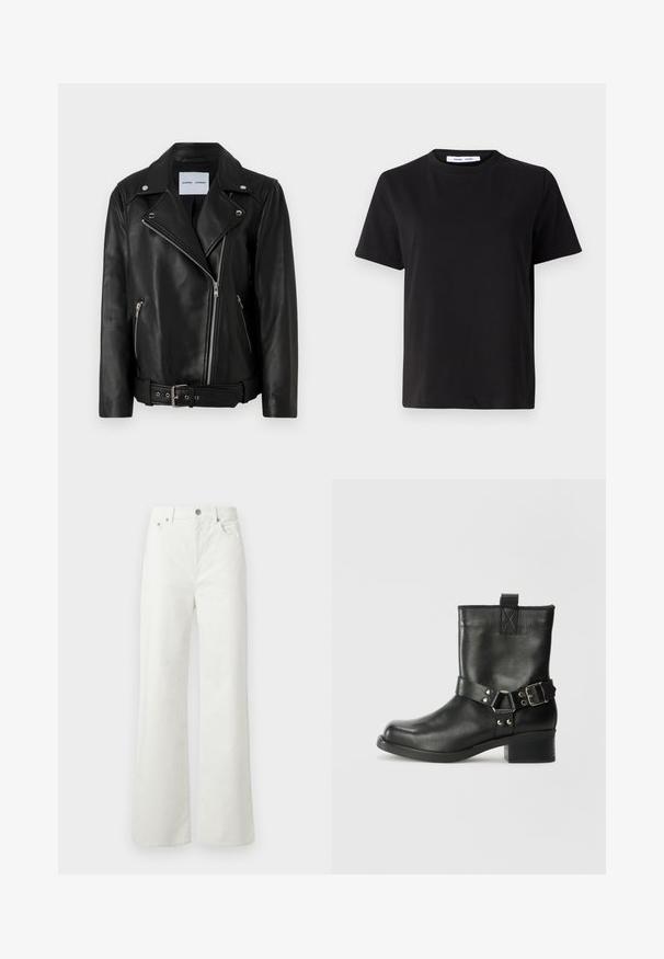 Czarna skórzana kurtka motocyklowa z metalowymi suwakami w kolorze srebrnym, paskiem w talii i szpiczastymi klapami. Posiada dwie kieszenie na zamek błyskawiczny oraz gładką teksturę.; Czarny t-shirt z krótkim rękawem wykonany z miękkiej bawełny, z okrągłym dekoltem, luźnym krojem i gładką fakturą. Bez widocznych wzorów ani grafik.; Samsøe Samsøe SHELLY  mleczny; Samsøe Samsøe SABRENTA  czarny