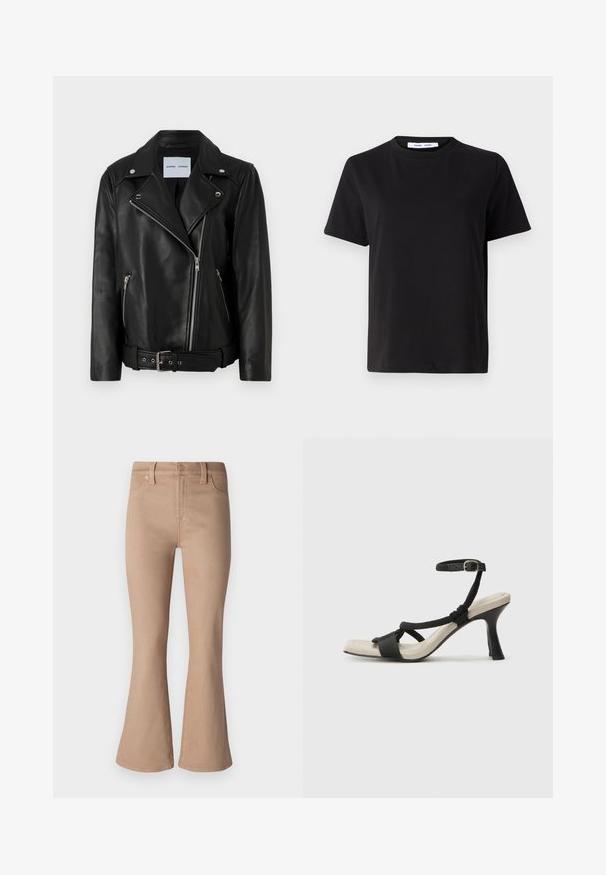 Mustan nahkaisen moottoripyöräjakun hopeanväriset vetoketjut, vyö, ja huippureunat. Sisältää kaksi vetoketjullista taskua ja sileän pinnan.; Musta lyhythihainen t-paita, joka on valmistettu pehmeästä puuvillasta. Paitassa on pyöreä kaula-aukko, rento malli ja sileä pinta. Ei näkyviä kuvioita tai graafisia elementtejä.; Beige leveled farkut, valmistettu denimistä, jossa on sileä pinta, etutaskut, vetoketjukiinnitys sekä kultasävyiset napit ja niitit.; Mustat korkokengät, joissa on punottuolkaiminen design, neliömäinen kärki ja säädettävä nilkkahihna. Vaaleanbeige jalkapohja ja kiiltävä musta korko.