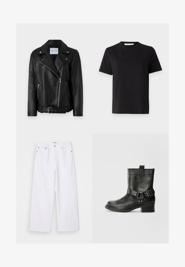 Czarna skórzana kurtka motocyklowa z metalowymi suwakami w kolorze srebrnym, paskiem w talii i szpiczastymi klapami. Posiada dwie kieszenie na zamek błyskawiczny oraz gładką teksturę.; Czarny t-shirt z krótkim rękawem wykonany z miękkiej bawełny, z okrągłym dekoltem, luźnym krojem i gładką fakturą. Bez widocznych wzorów ani grafik.; Białe dżinsy z szerokimi nogawkami, wykonane z denimu, z pięcioma kieszeniami, metalowymi detalami oraz wysokim stanem, z czystym wykończeniem u dołu.; Samsøe Samsøe SABRENTA czarny
