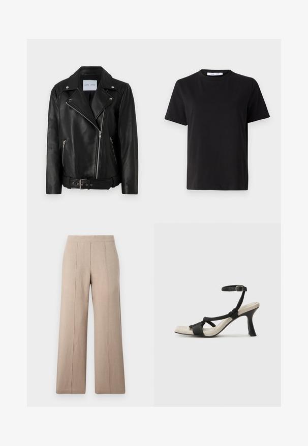 Melnā ādas motocikla jaka ar sudraba tonī rāvējslēdzējiem, jostu viduklī un izteiktiem atlokiem. Satur divas rāvējslēdzēju kabatas un gludu tekstūru.; Melna īsām piedurknēm T-kreklu, kas izgatavots no mīksta kokvilnas, ar apļveida kakla izgriezumu, brīvu piegriezumu un gludu tekstūru. Nav redzamu rakstu vai grafikas.; Gaiši brūnas platajās kājās bikses, izgatavotas no viegla auduma, ar priekšējiem krokām, gludu jostu un taisnu griezumu ar tīriem malām.; Melnas augstpapēžu sānijas ar pinuma siksnu dizainu, kvadrātveida purngali un regulējamu potītes siksnu. Gaismas beidzamais kāju paklājiņš ar spīdīgu melnu papēdi.