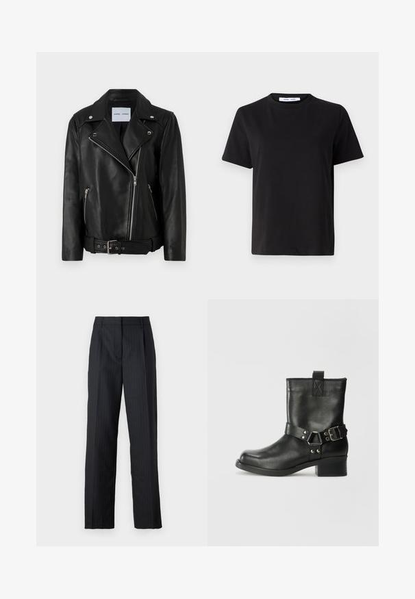 Fekete bőr motoros kabát ezüst színű cipzárakkal, övvel ellátott derékkal és kiemelkedő hajtókák. Két cipzáras zsebbel rendelkezik és sima tapintású.; Fekete, rövid ujjú póló, puha pamutból készült, kerek nyakkivágással, laza szabással és sima textúrával. Nincs látható minta vagy grafikák.; Fekete, csíkozott, testre szabott nadrág, egyenes lábakkal, gyűrt redőkkel és hagyományos derékgumival. Simább anyagtextúra.; Samsøe Samsøe SABRENTA - Cowboy/motoros bokacsizma - black