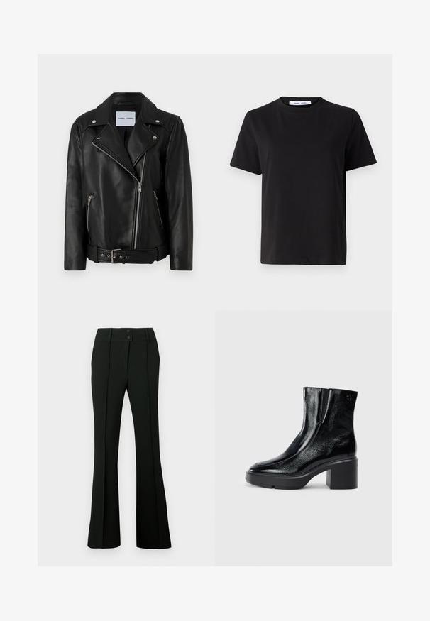 Fekete bőr motoros kabát ezüst színű cipzárakkal, övvel ellátott derékkal és kiemelkedő hajtókák. Két cipzáras zsebbel rendelkezik és sima tapintású.; Fekete, rövid ujjú póló, puha pamutból készült, kerek nyakkivágással, laza szabással és sima textúrával. Nincs látható minta vagy grafikák.; Fekete, bővülő szárú nadrág, sima anyagból, magas derékkal, két gombbal és elöl hajtásokkal, amelyek szabott megjelenést kölcsönöznek.; Fekete lakkbőr bokacsizma ívelt orral, elasztikus oldalpanelek és vastag blokk sarkal. A hátsó részen dombornyomott logó található.