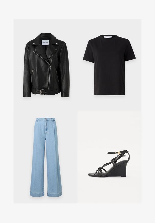 Μαύρο δερμάτινο μπουφάν μοτοσικλέτας με ασημί φερμουάρ, ζώνη στη μέση και αιχμηρές πατιλέτες. Διαθέτει δύο φερμουάρ τσέπες και ομαλή υφή.; Μαύρη κοντομάνικη μπλούζα φτιαγμένη από μαλακό βαμβάκι, με στρογγυλή λαιμόκοψη, άνετη εφαρμογή και απαλό υλικό. Χωρίς ορατά σχέδια ή γραφικά.; Ανοιχτό μπλε τζιν παντελόνι σε ίσια γραμμή με ψηλή μέση, πιέτες μπροστά και ακατέργαστο στρίφωμα για ένα καθημερινό στυλ.; Μαύρα wedge σανδάλια με λεπτές, σταυρωτές λουρίδες και ρυθμιζόμενο λουρί στον αστράγαλο με χρυσό κούμπωμα. Λείο δερμάτινο φινίρισμα.