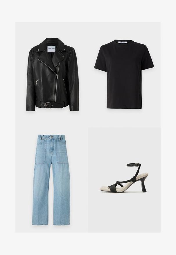 Černá kožená motorkářská bunda s kovovými zipy stříbrné barvy, opaskem v pase a špičatými klopami. Obsahuje dvě kapsy na zip a hladkou texturu.; Černé tričko s krátkým rukávem vyrobené z měkké bavlny, s kulatým výstřihem, volným střihem a hladkým povrchem. Žádné viditelné vzory ani grafika.; Světle modré deninové džíny s vysokým pasem, širokými nohavicemi a dvěma velkými předními kapsami. Tkanina má hladký povrch a jemné vyblednutí.; Černé sandály na podpatku s pleteným designem pásku, čtveratou špičkou a nastavitelným páskem kolem kotníku. Světle béžová stélka s lesklým černým podpatkem.