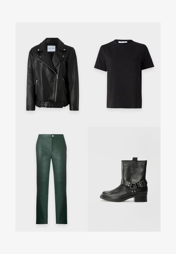 Black leather biker jacket with silver-tone zippers, belted waist, and peaked lapels. Features two zippered pockets and a smooth texture.; Black short-sleeve t-shirt made of soft cotton, featuring a round neckline, relaxed fit, and a smooth texture. No visible patterns or graphics.; Green leather trousers featuring a straight leg design, zip fly, and a front pocket. Smooth texture with a slight sheen and minimal hardware.; Samsøe Samsøe SABRENTA - Cowboy/biker ankle boot - black