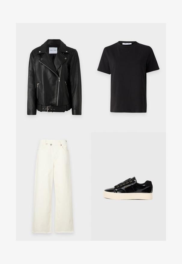 Juodas odinis motociklininko švarkas su sidabro spalvos užtrauktukais, diržu ties juosmeniu ir smailiais atlapais. Yra dvi užtrauktuku užsegamos kišenės ir glotni tekstūra.; Juodas trumpas rankovės marškinėliai, pagaminti iš minkštos medvilnės, su apvaliu iškirpimu, laisvu pritaikymu ir lygiu paviršiumi. Nėra matomų raštų ar grafikos.; Plačios šviesiai kremiškos džinsinės kelnės, pagamintos iš denimo, su aukštu liemeniu, penkiomis kišenėmis ir neapdirbtu kraštu, užtikrinančiu laisvą prigludimą.; Juodi lakinės odos sportbačiai su plokščiu kreminiu padu. Turi juodus raištelius, auksines akutes ir logotipo detalę šone. Apvalaus piršto dizainas.