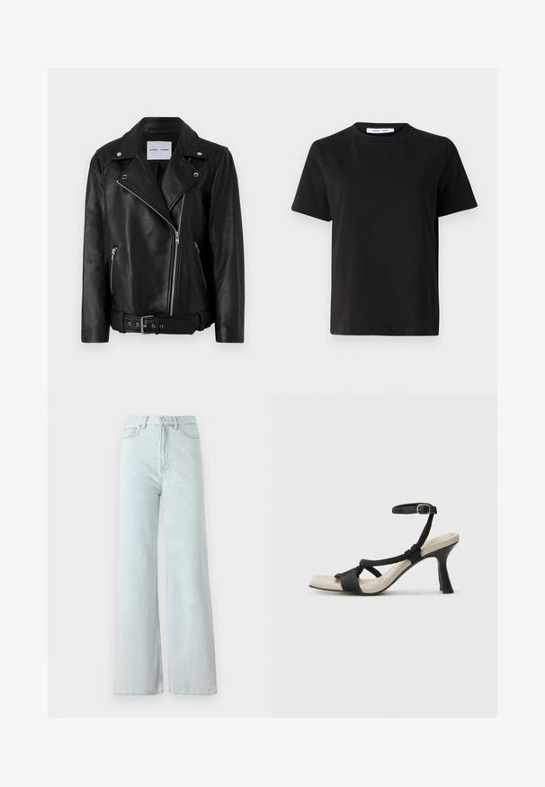 Chaqueta de moto de cuero negro con cremalleras en tono plateado, cintura con cinturón y solapas puntiagudas. Cuenta con dos bolsillos con cremallera y una textura suave.; Camiseta negra de manga corta hecha de algodón suave, con un cuello redondo, corte relajado y una textura lisa. Sin patrones ni gráficos visibles.; Jeans de pierna ancha de un azul claro con cintura alta, hechos de tela de mezclilla. Cuenta con un cierre de botón y cremallera, además de bolsillos frontales.; Sanda¡ía de tacón negro con diseño de tira trenzada, punta cuadrada y correa ajustable en el tobillo. Plantilla de color beige claro con un tacón negro brillante.