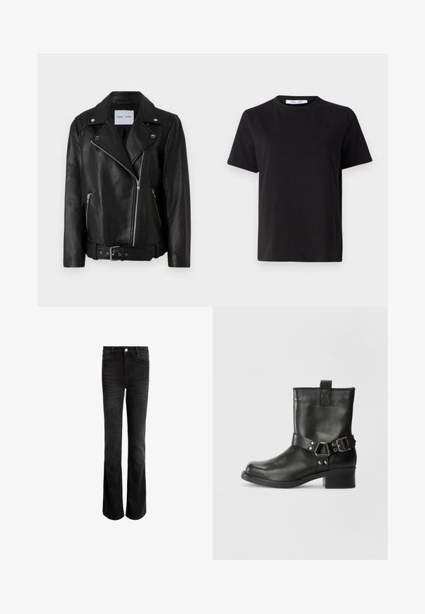 Mustaliselt nahast mootorratturi jope, millel on hõbedased tõmblukud, vöökoht ja teravad kraed. Omab kahte tõmblukuga taskut ja sile tekstuur.; Must have lühikeste varrukatega t-särk, mis on valmistatud pehmest puuvillast, ümmarguse kaelusega, lõdva sobivusega ja sileda tekstuuriga. Ei ole nähtavaid mustreid ega graafikat.; Mustad flare-stiilis teksad, mis on valmistatud denimist, kõrge vöökohaga, viie taskuga ja hõbedase nupuga sulgemisega. Sile tekstuur peene tuhmumisega.; Samsøe Samsøe SABRENTA - Kauboi/mootorratturi poolsaapad - black