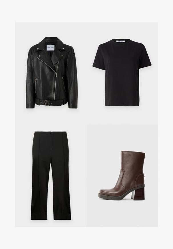 Crna kožna moto jakna s srebrnim zatvaračima, remenom u struku i šiljastim reverima. Ima dva džepa sa zatvaračem i glatku teksturu.; Crna kratka majica s kratkim rukavima od mekanog pamuka, s okruglim izrezom, opuštenim krojem i glatkom teksturom. Nema vidljivih uzoraka ili grafike.; Crne krojene hlače ravnog kroja, glatka tkanina, nabirano na sredini sprijeda i diskretno zatvaranje na leđima sa zipom.; Smeđa kožna čizme do gležnja s okruglim vrhom, glatkom teksturom i debelim drvenim potplatom. Detalj bočnog šava i suptilan sjaj.