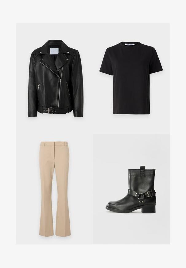Schwarze Leder-Bikerjacke mit silberfarbenen Reißverschlüssen, tailliertem Bund und spitzen Revers. Verfügt über zwei Reißverschlusstaschen und eine glatte Textur.; Schwarzes T-Shirt mit kurzen Ärmeln aus weicher Baumwolle, mit rundem Ausschnitt, lockerer Passform und glatter Textur. Keine sichtbaren Muster oder Grafiken.; Beige Stoffhose mit geradem Schnitt, flachem Bund, Gürtelschlaufen und glatter Textur. Keine sichtbaren Taschen oder Muster.; Samsøe Samsøe SABRENTA - Cowboy-/Bikerstiefelette - black