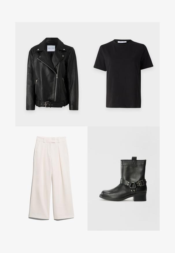 Black leather biker jacket with silver-tone zippers, belted waist, and peaked lapels. Features two zippered pockets and a smooth texture.; Black short-sleeve t-shirt made of soft cotton, featuring a round neckline, relaxed fit, and a smooth texture. No visible patterns or graphics.; Wide-leg trousers in a light cream color, made of smooth fabric with two front pockets and visible stitching on the waistband.; Samsøe Samsøe SABRENTA - Cowboy/biker ankle boot - black