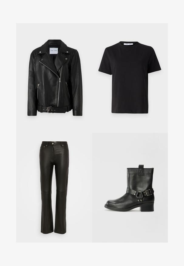 Zwart leren motorjack met zilverkleurige ritsen, ceintuur in de taille en piekende revers. Beschikt over twee ritszakken en een soepele textuur.; Zwart T-shirt met korte mouwen, gemaakt van zachte katoen, met een ronde hals, een ontspannen pasvorm en een gladde textuur. Geen zichtbare patronen of opdrukken.; Zwarte neplederen broek met een uitlopende snit, voorzien van een knoopsluiting, riemlussen en twee voorkruiden. Gladde textuur en slim fit.; Samsøe Samsøe SABRENTA - Cowboy-/Bikerlaarsjes - black