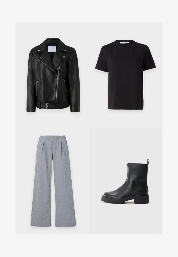 Jaqueta de motociclismo em couro preto com fechos de correr em tom prateado, cintura com cinto e lapelas anguladas. Apresenta dois bolsos com zíper e uma textura suave.; T-shirt preto de manga curta feito de algodão suave, com decote redondo, ajuste descontraído e uma textura suave. Sem padrões ou gráficos visíveis.; Calças de perna larga em tecido riscado azul-marinho e branco. Apresentam uma cintura elástica e dois pregas frontais para um detalhe adicional.; Botim de tornozelo em pele preta com fecho lateral, biqueira arredondada e sola robusta e texturizada. Marca discreta na lateral.