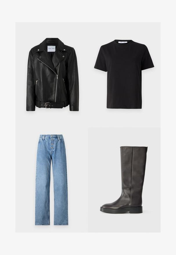 Černá kožená motorkářská bunda s kovovými zipy stříbrné barvy, opaskem v pase a špičatými klopami. Obsahuje dvě kapsy na zip a hladkou texturu.; Černé tričko s krátkým rukávem vyrobené z měkké bavlny, s kulatým výstřihem, volným střihem a hladkým povrchem. Žádné viditelné vzory ani grafika.; Světle modré džíny z denimu s vysokým pasem, širokým střihem nohavic, pěti knoflíkovým zapínáním a poutky na opasek. Tkanina má hladkou texturu s minimálním vyblednutím.; Černé kožené vysoké boty až ke kolenům s silnou podrážkou a diskrétním logem Calvin Klein blízko horního okraje, zobrazené ze strany.