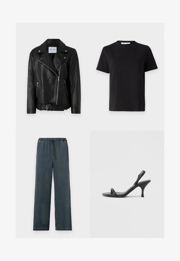 Black leather biker jacket with silver-tone zippers, belted waist, and peaked lapels. Features two zippered pockets and a smooth texture.; Black short-sleeve t-shirt made of soft cotton, featuring a round neckline, relaxed fit, and a smooth texture. No visible patterns or graphics.; Dark blue denim trousers with an elastic waistband and drawstring. Wide leg design with finished hems and a smooth, textured surface.; Black leather high-heeled sandals with a slim, curved heel and a crossed strap design. Adjustable ankle strap. Smooth texture.