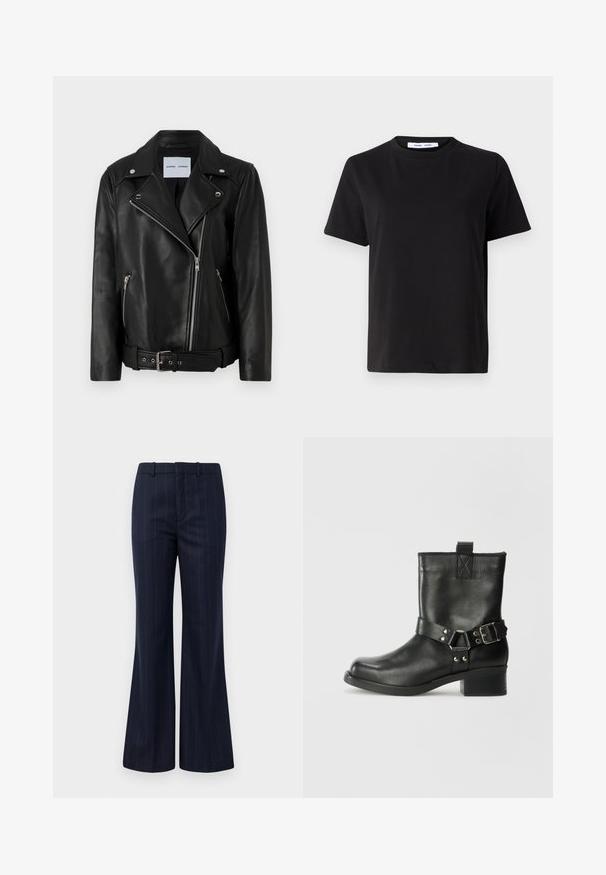 Giacca da motociclista in pelle nera con zip in tono argento, vita con cintura e rever a punta. Presenta due tasche con zip e una superficie liscia.; T-shirt nero a maniche corte realizzato in morbido cotone, con scollatura rotonda, vestibilità rilassata e una superficie liscia. Nessun motivo o grafica visibile.; Pantaloni a righe navy con design a gamba svasata, realizzati in un tessuto testurizzato, con frontale piatto e passanti per cintura per un look aderente.; Samsøe Samsøe SABRENTA - Stivaletti texani / biker - black