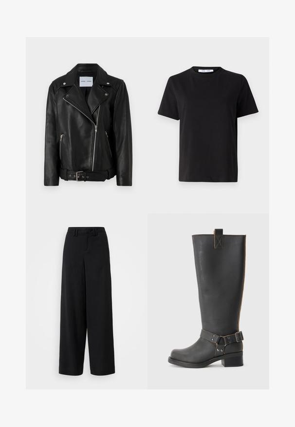 Sort læder bikerjakke med sølvfarvede lynlåse, bælte i taljen og spidse revers. Har to lynlåslommer og en glat tekstur.; Sort t-shirt med korte ærmer fremstillet af blødt bomuld, med rund halsudskæring, afslappet pasform og en glat overflade. Ingen synlige mønstre eller grafik.; Sorte brede bukser lavet af glat stof, med en flad front, plisserede detaljer og bæltestropper i taljen.; Sorte læderknæhøje støvler med en tekstureret overflade, der har en sidebuckle-detalje og en lav hæl. Særligt detaljeret syninger langs sømmene.