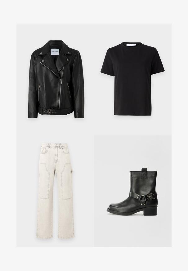 Fekete bőr motoros kabát ezüst színű cipzárakkal, övvel ellátott derékkal és kiemelkedő hajtókák. Két cipzáras zsebbel rendelkezik és sima tapintású.; Fekete, rövid ujjú póló, puha pamutból készült, kerek nyakkivágással, laza szabással és sima textúrával. Nincs látható minta vagy grafikák.; Világos színű, bőszárú farmernadrág nagy foltzsebekkel, magas derékkal, gombos záródással és nyers szegéllyel.; Samsøe Samsøe SABRENTA - Cowboy/motoros bokacsizma - black
