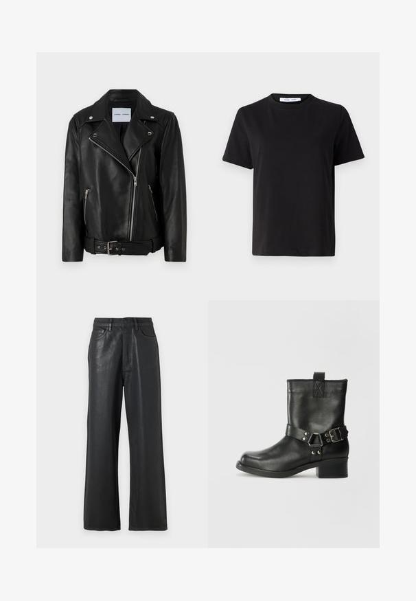 Black leather biker jacket with silver-tone zippers, belted waist, and peaked lapels. Features two zippered pockets and a smooth texture.; Black short-sleeve t-shirt made of soft cotton, featuring a round neckline, relaxed fit, and a smooth texture. No visible patterns or graphics.; Black wide-leg trousers made from a glossy material. Features a button closure, belt loops, and front pockets with a smooth texture.; Samsøe Samsøe SABRENTA - Cowboy/biker ankle boot - black