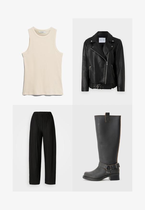 Schwarze Leder-Bikerjacke mit silberfarbenen Reißverschlüssen, tailliertem Bund und spitzen Revers. Verfügt über zwei Reißverschlusstaschen und eine glatte Textur.; Ärmelloses, hellbeiges Tanktop aus geripptem Stoff, mit rundem Halsausschnitt und einem klaren, minimalistischen Design.; Schwarze, plissierte, weite Hosen mit einem elastischen Bund. Der Stoff hat vertikale Falten und eine glatte Textur.; Schwarze Leder-Stiefel bis zum Knie mit strukturiertem Finish, seitlichem Schnallenakzent und niedrigem Absatz. Detaillierte Steppnähte entlang der Nähte.