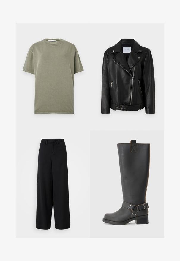 Jaqueta de motociclismo em couro preto com fechos de correr em tom prateado, cintura com cinto e lapelas anguladas. Apresenta dois bolsos com zíper e uma textura suave.; T-shirt de algodão verde-azeitona com gola redonda, mangas curtas e um design simples, sem adornos. Textura suave e ajuste confortável.; Calças largas pretas feitas de tecido suave, apresentando um design de frente plana, detalhes pregueados e passadores de cinto na cintura.; Bota preta de couro até ao joelho com um acabamento texturizado, apresentando um detalhe de fivela lateral e um salto baixo. Costura detalhada ao longo das costuras.