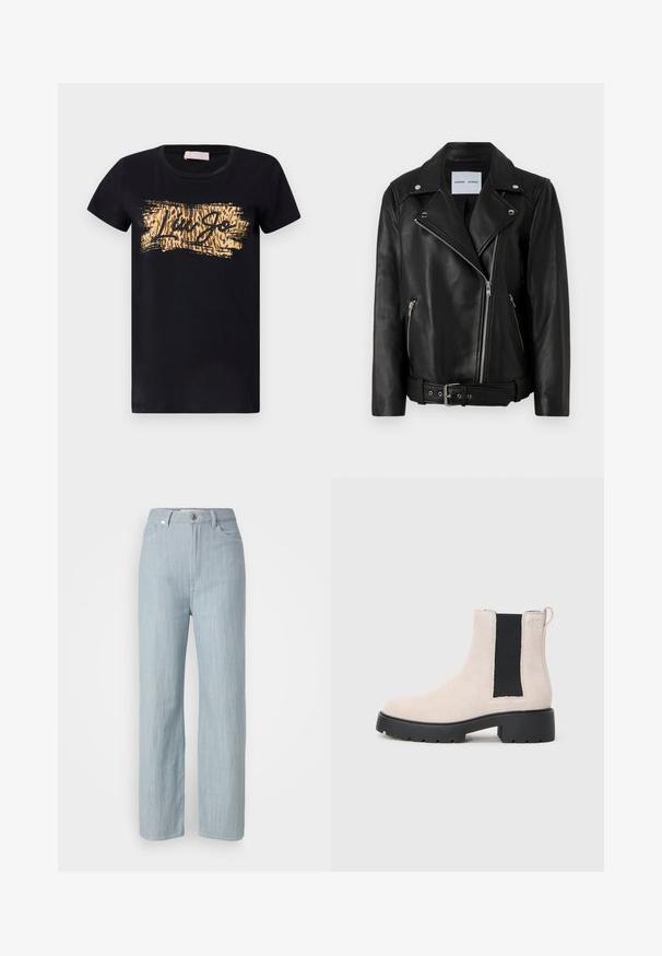 Jachetă de motociclist din piele neagră, cu fermoare din metal argintiu, talie cu curea și rever ascuțite. Dispune de două buzunare cu fermoar și o textură netedă.; Tricou din bumbac negru cu mâneci scurte și guler rotund, prezentând un design imprimat în aur și maro cu textul "Liu Jo."; Jeans drepti de culoare bleu deschis, din denim. Prezintă cinci buzunare, un închizător metalic și o ușoară decolorare pentru textură.; Botine Chelsea din suede bej, cu panou elastic lateral negru, talpă groasă neagră și tab de prindere la gleznă.