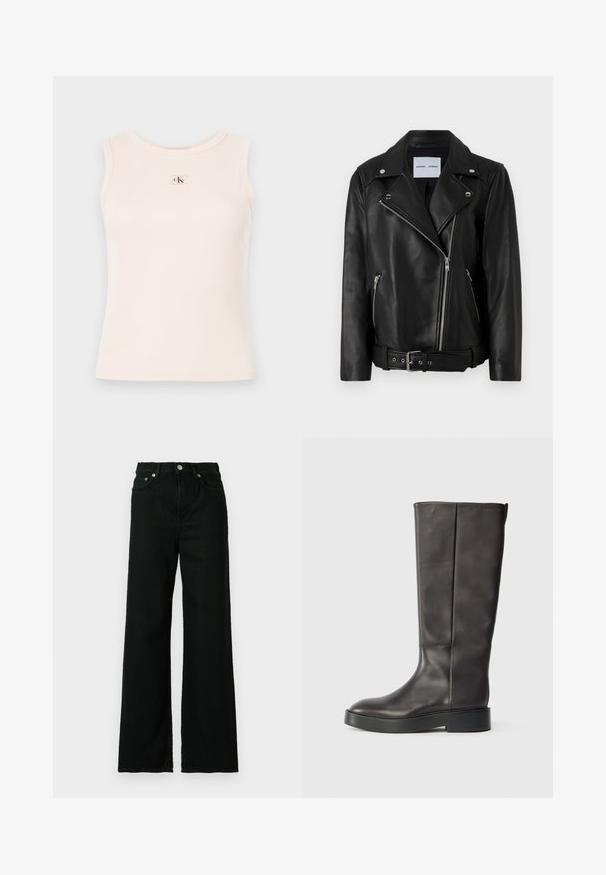 Melnā ādas motocikla jaka ar sudraba tonī rāvējslēdzējiem, jostu viduklī un izteiktiem atlokiem. Satur divas rāvējslēdzēju kabatas un gludu tekstūru.; Gaiši rozā ribota bezpiedurkņu krekls ar apaļu kakla izgriezumu. Priekšpusē ir neliels taisnstūra formas logo uzšuvums ar sarkanu un zaļu dizainu.; Melni denimi džinsi ar augsto jostasvietu, platu kāju griezumu, ar priekšējo pogu un rāvējslēdzēju, kā arī klasisko piecu kabatu dizainu.; Melnas ādas zābaki līdz ceļiem ar biezu zoli un smalku Calvin Klein logo tuvāk augšējai mala, attēlots no sāna.