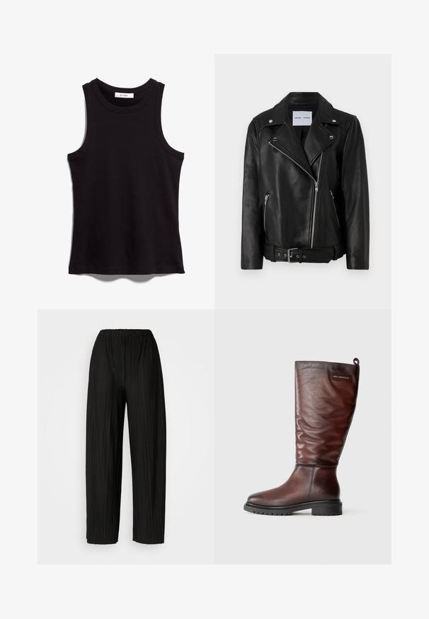 Black leather biker jacket with silver-tone zippers, belted waist, and peaked lapels. Features two zippered pockets and a smooth texture.; Black tank top made of ribbed fabric. Features a crew neckline and wide armholes. Straight hem with stitched detailing. Simple design.; Black pleated wide-leg pants with an elastic waistband. The fabric features vertical pleats and a smooth texture.; Brown leather knee-high boots with a slightly slouched design, round toe, and a thick, textured black rubber sole. Features logo patch.