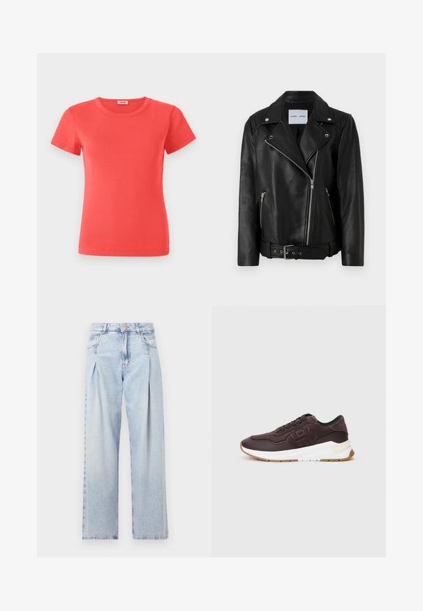 Juodas odinis motociklininko švarkas su sidabro spalvos užtrauktukais, diržu ties juosmeniu ir smailiais atlapais. Yra dvi užtrauktuku užsegamos kišenės ir glotni tekstūra.; Koralo spalvos trumpa rankovė marškinėliai, pagaminti iš giriamų audinių. Turintys klasikę apykaklę ir prigludusį siluetą. Paprastas dizainas be papildomų raštų.; Šviesiai mėlyni džinsai su aukštu liemeniu, plačiomis kojomis, dviem šoninėmis kišenėmis ir raukinių dizainu. Minkšta tekstūra su nudilusia apdaila.; Tamsiai rudos sportbačiai su juodu apvadu, iškilusiu logotipu šone, balta stora padu ir guminėmis apatinėmis dalimis ant vienspalvio fono.