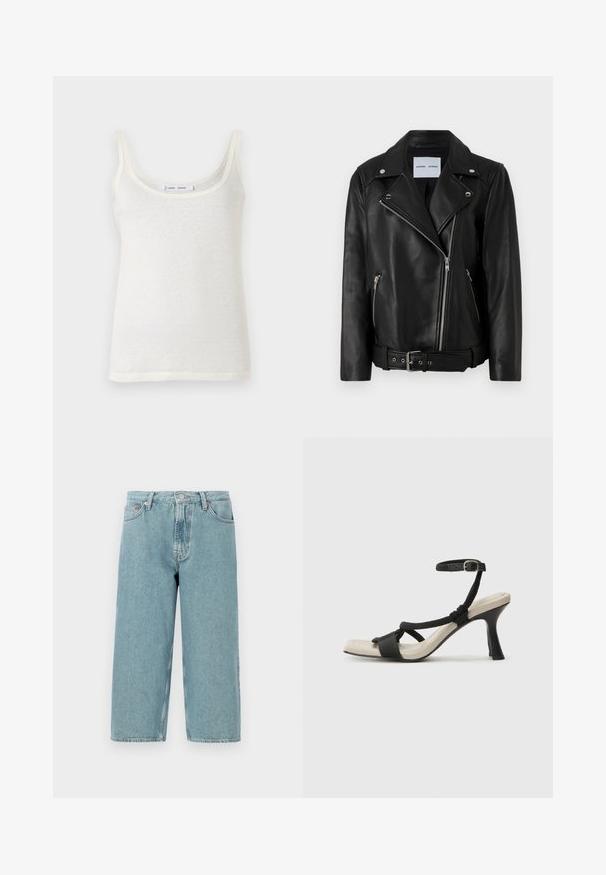 Sort læder bikerjakke med sølvfarvede lynlåse, bælte i taljen og spidse revers. Har to lynlåslommer og en glat tekstur.; Hvid bomulds top med tynde stropper, med en rund udskæring og en let gennemsigtig tekstur. Nederkant er lige uden yderligere detaljer.; Lyseblå denimshorts med høj talje, lige snit og rå kant. Har en klassisk knap- og lynlåslukning samt fire lommer.; Sorte hælede sandal med flettet remdesign, firkantet tå og justerbar ankelrem. Lys beige fodseng med en blank sort hæl.