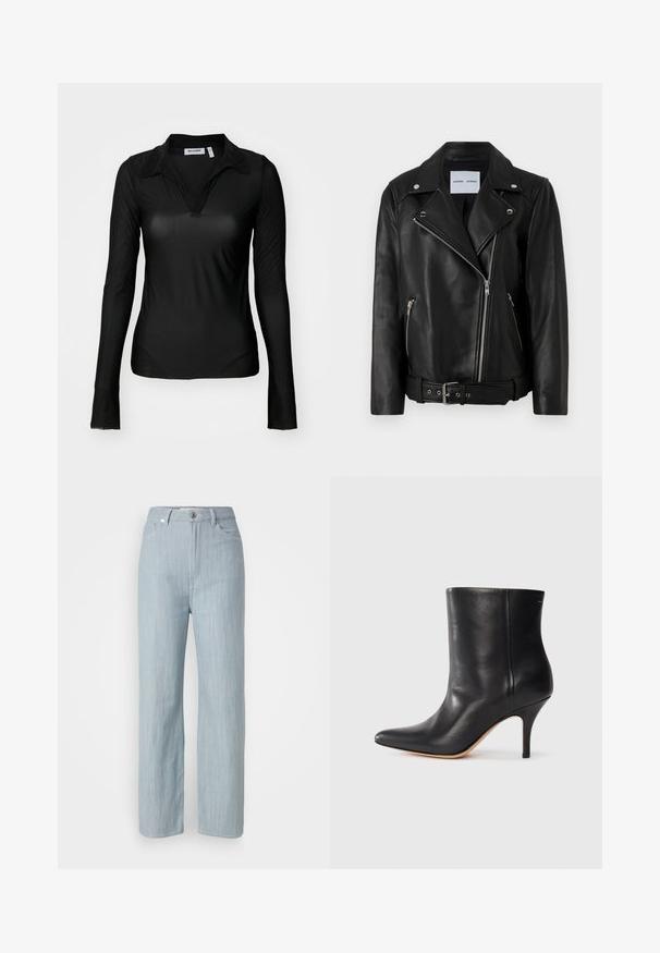 Schwarze Leder-Bikerjacke mit silberfarbenen Reißverschlüssen, tailliertem Bund und spitzen Revers. Verfügt über zwei Reißverschlusstaschen und eine glatte Textur.; Weekday TRANSPARENT LONG SLEEVE - Langarmshirt - black; Helle blaue gerade geschnittene Jeans aus Denim. Verfügt über fünf Taschen, einen Metallknopfverschluss und dezente Waschungen für zusätzliche Textur.; Schwarze Leder-Ankle Boots mit spitzem Zeh, schlankem Stiletto-Absatz und glatter Textur. Minimalistisches Design ohne sichtbare Beschläge oder Akzente.