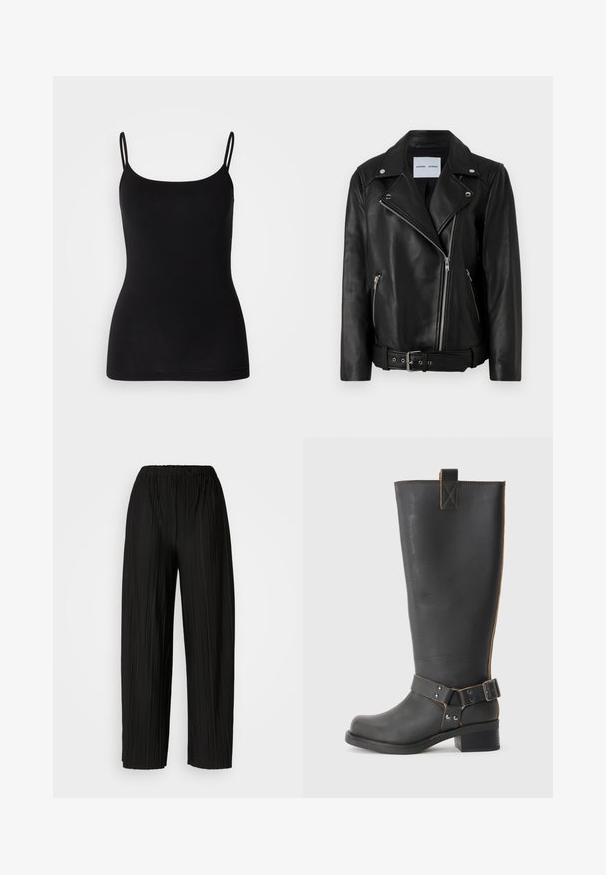 Fekete bőr motoros kabát ezüst színű cipzárakkal, övvel ellátott derékkal és kiemelkedő hajtókák. Két cipzáras zsebbel rendelkezik és sima tapintású.; Fekete kamiszol felső vékony, állítható pántokkal, sima, rugalmas anyagból és testhez simuló siluettel. Nincsenek minták vagy díszítések.; Fekete, pliszírozott, bőszárú nadrág rugalmas derékkal. Az anyag függőleges pliszékkel és sima textúrával rendelkezik.; Fekete bőr, térd fölé érő csizma texturált felülettel, oldalán csat díszítéssel és alacsony sarokkal. Részletes varrások a varrások mentén.