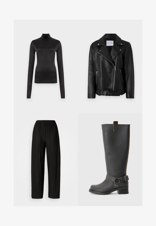Schwarze Leder-Bikerjacke mit silberfarbenen Reißverschlüssen, tailliertem Bund und spitzen Revers. Verfügt über zwei Reißverschlusstaschen und eine glatte Textur.; Schwarzer Langarm-Pullover mit Rollkragen aus glattem, dehnbarem Stoff. Figurbetontes Design mit hohem Kragen und ohne sichtbare Muster oder Verzierungen.; Schwarze, plissierte, weite Hosen mit einem elastischen Bund. Der Stoff hat vertikale Falten und eine glatte Textur.; Schwarze Leder-Stiefel bis zum Knie mit strukturiertem Finish, seitlichem Schnallenakzent und niedrigem Absatz. Detaillierte Steppnähte entlang der Nähte.