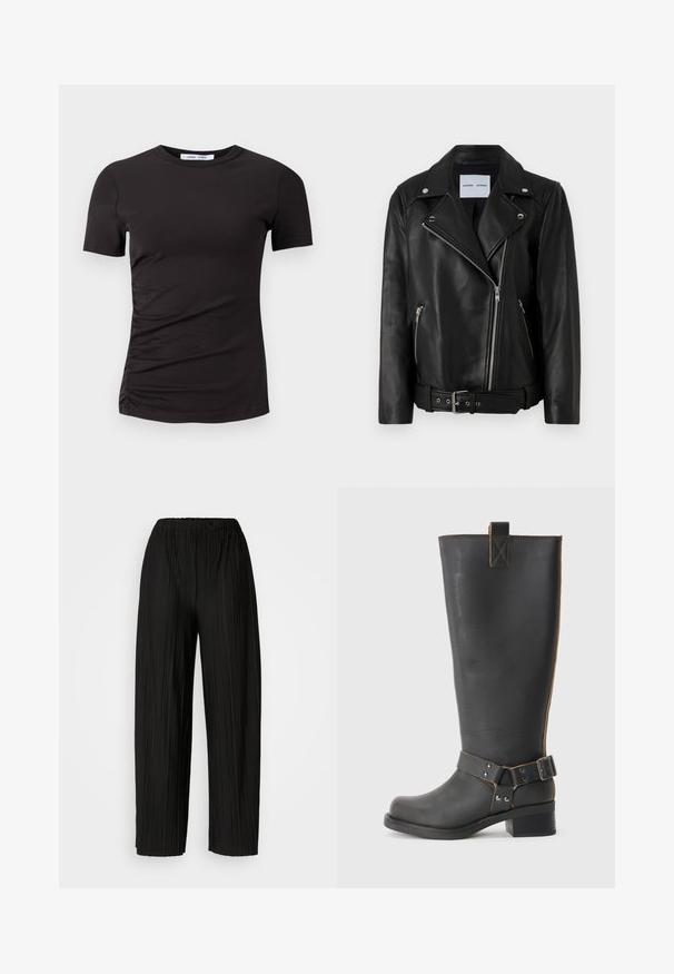 Melnā ādas motocikla jaka ar sudraba tonī rāvējslēdzējiem, jostu viduklī un izteiktiem atlokiem. Satur divas rāvējslēdzēju kabatas un gludu tekstūru.; Melnas īsām piedurknēm krekls, izgatavots no mīkstas auduma, ar apaļu kakla izgriezumu un sapludināšanu kreisajā pusē, lai nodrošinātu smalku tekstūru.; Melni plaši svārki ar krokām un elastīgu jostu. Audumam ir vertikālas krokas un gluda tekstūra.; Melnas ādas līdz ceļiem augstas zābakus ar teksturētu apdari, ar sānu sprādzi un zemu papēdi. Izšūšana gar šuvēm.