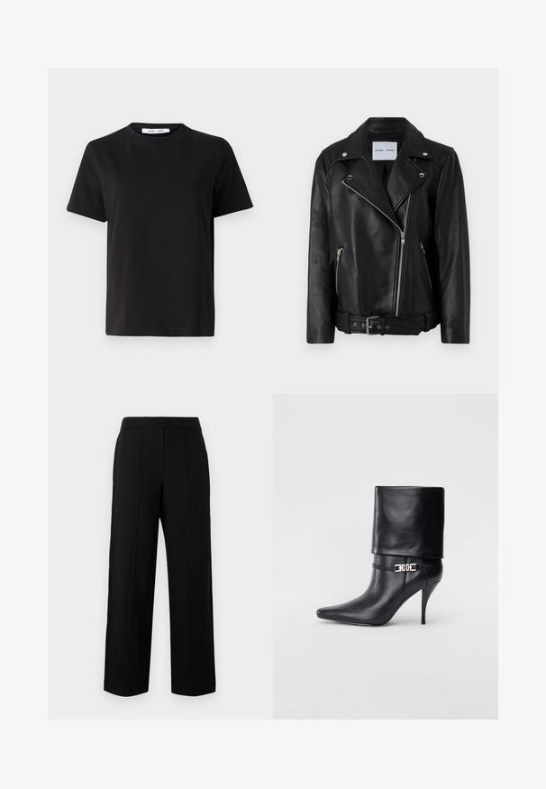 Zwart leren motorjack met zilverkleurige ritsen, ceintuur in de taille en piekende revers. Beschikt over twee ritszakken en een soepele textuur.; Zwart T-shirt met korte mouwen, gemaakt van zachte katoen, met een ronde hals, een ontspannen pasvorm en een gladde textuur. Geen zichtbare patronen of opdrukken.; Zwarte wijde broek van gladde stof, met een platte voorkant, twee verticale naden en een eenvoudig ontwerpen tailleband.; Zwarte leren enkelboot met een spitse neus, hoge stilettohak, opgevouwen manchet en een gouden decoratieve gespdetails op de enkel.