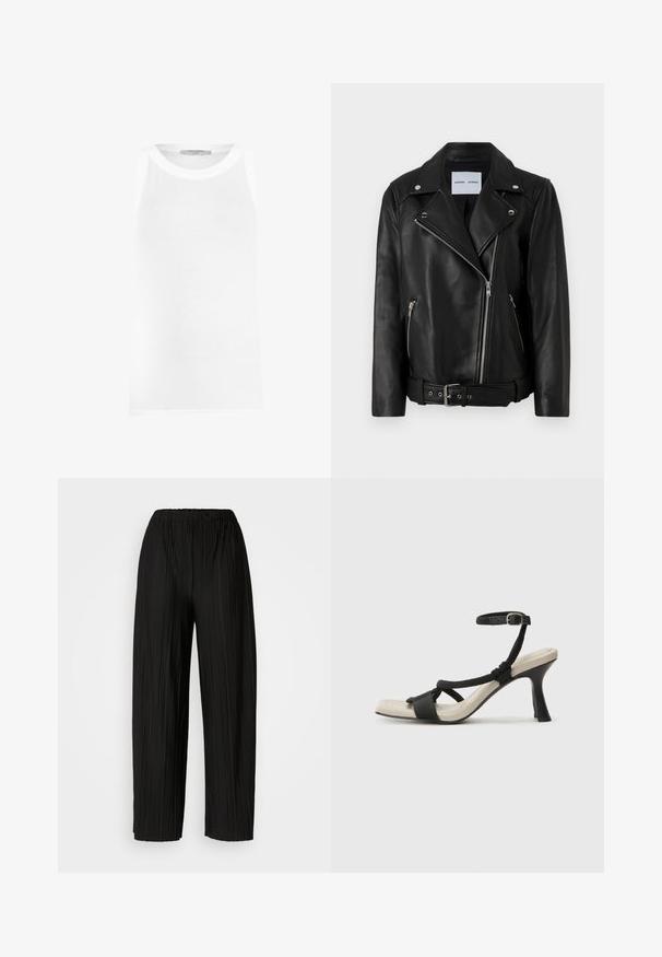 Schwarze Leder-Bikerjacke mit silberfarbenen Reißverschlüssen, tailliertem Bund und spitzen Revers. Verfügt über zwei Reißverschlusstaschen und eine glatte Textur.; Weißes ärmelloses Tanktop aus geripptem Stoff, mit Rundhalsausschnitt und nahtlosen Kanten für eine glatte Passform.; Schwarze, plissierte, weite Hosen mit einem elastischen Bund. Der Stoff hat vertikale Falten und eine glatte Textur.; Schwarze Absatzsandale mit geflochtenem Riemendesign, quadratischer Spitze und verstellbarem Knöchelriemen. Helle beigefarbene Sohle mit glänzendem schwarzen Absatz.