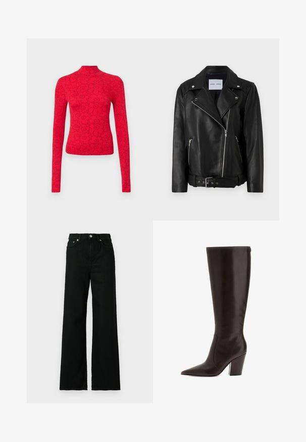 Schwarze Leder-Bikerjacke mit silberfarbenen Reißverschlüssen, tailliertem Bund und spitzen Revers. Verfügt über zwei Reißverschlusstaschen und eine glatte Textur.; Rotes Langarmoberteil mit hohem Kragen, versehen mit einem schwarzen Blumenmuster, aus geripptem Stoff für ein strukturiertes Aussehen.; Schwarze Jeans aus Denim mit hoher Taille und weitem Bein, ausgestattet mit einem Vorderknopf und einem Reißverschluss, sowie einem klassischen Fünf-Taschen-Design.; Braune Lederstiefel bis zum Knie mit spitzem Zehenbereich und Blockabsatz. Verfügt über eine glatte Textur und einen seitlichen Reißverschluss für einfaches An- und Ausziehen.