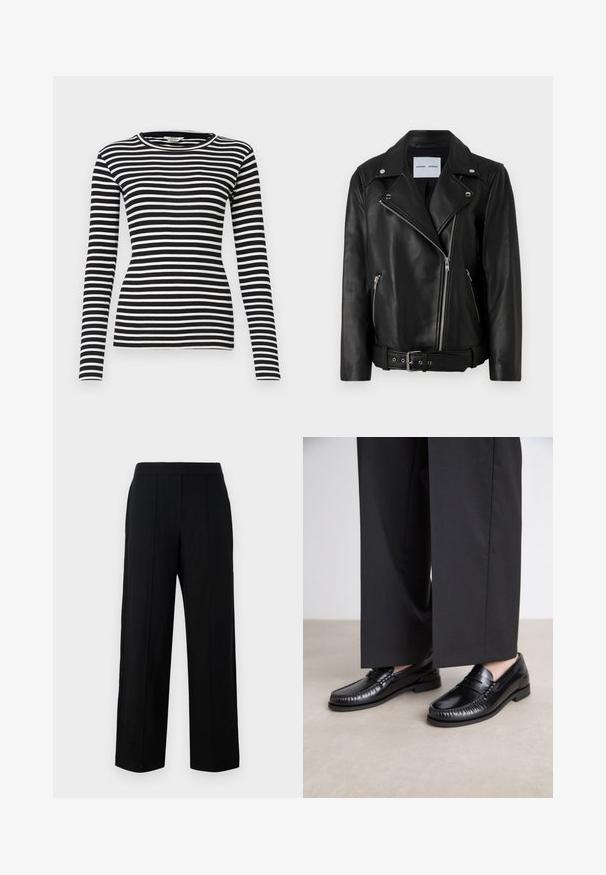 Schwarze Leder-Bikerjacke mit silberfarbenen Reißverschlüssen, tailliertem Bund und spitzen Revers. Verfügt über zwei Reißverschlusstaschen und eine glatte Textur.; Schwarz-weißer, gestreifter Langarmshirt mit rundem Ausschnitt und geripptem Textur; taillierte Passform über den Körper und die Ärmel.; Schwarze weite Hosen aus glattem Stoff, mit flachem Vorderteil, zwei vertikalen Nähten und einem schlichten Bunddesign.; Schwarze Lederloafers mit glatter Oberfläche, genähten Details um die Zehen und einer niedrigen Gummisohle. Kombiniert mit weiten schwarzen Hosen.