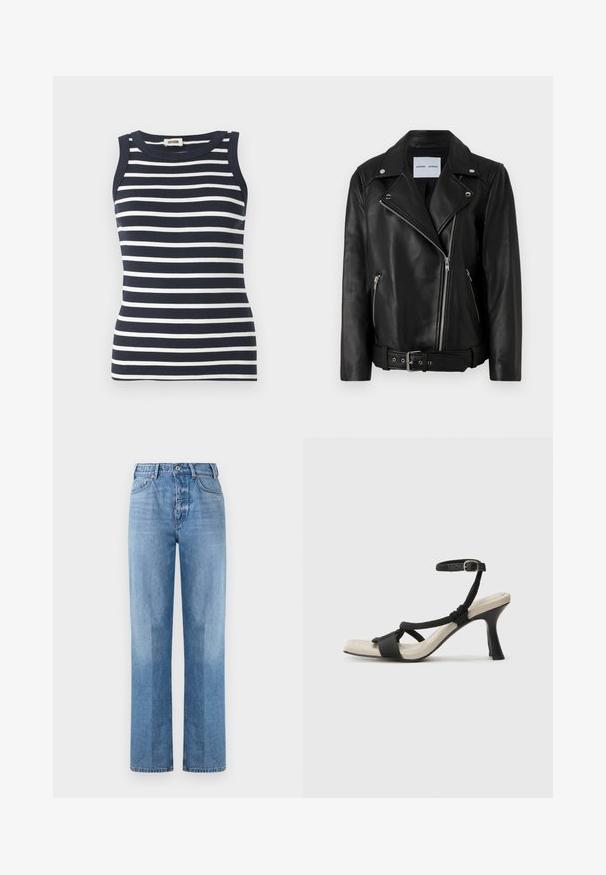 Black leather biker jacket with silver-tone zippers, belted waist, and peaked lapels. Features two zippered pockets and a smooth texture.; Navy and white striped tank top made of ribbed fabric, featuring a round neckline and sleeveless design.; Light blue denim jeans with a straight-leg design, featuring a high waist, five pockets, and visible stitching. The texture is smooth and classic.; Black heeled sandal with braided strap design, square toe, and adjustable ankle strap. Light beige footbed with a glossy black heel.