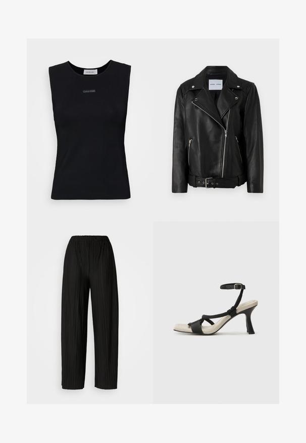 Czarna skórzana kurtka motocyklowa z metalowymi suwakami w kolorze srebrnym, paskiem w talii i szpiczastymi klapami. Posiada dwie kieszenie na zamek błyskawiczny oraz gładką teksturę.; Czarny bezrękawnik wykonany z gładkiego materiału. Posiada okrągły dekolt oraz małe logo Calvin Klein na środku. Prosty i dopasowany krój.; Czarne spodnie szerokie z plisami i elastycznym paskiem w talii. Tkanina ma pionowe plisy i gładką fakturę.; Czarne sandały na obcasie z plecionym paskiem, kwadratowym noskiem i regulowanym paskiem na kostkę. Jasnobeżowa wkładka z błyszczącym czarnym obcasem.