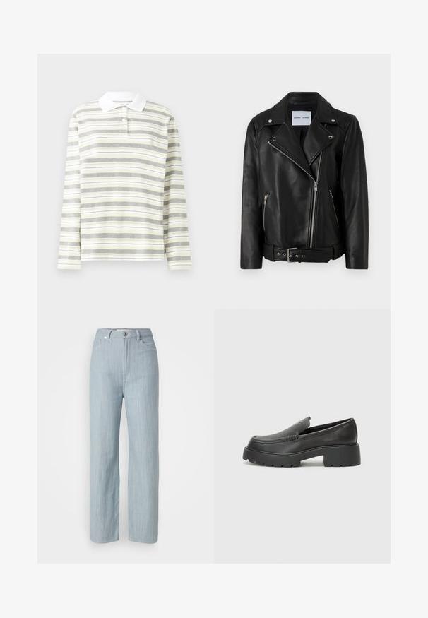 Giacca da motociclista in pelle nera con zip in tono argento, vita con cintura e rever a punta. Presenta due tasche con zip e una superficie liscia.; Polo a maniche lunghe, in un leggero tessuto misto cotone, con strisce verticali alternanti in grigio, giallo e bianco. Colletto bianco e tre bottoni.; Jeans dritti blu chiaro in denim. Presentano cinque tasche, una chiusura con bottone in metallo e leggere sfumature per aggiungere texture.; Mocassini in pelle nera con punta arrotondata, suola spessa e testurizzata, e minime cuciture. Design elegante senza lacci o parti metalliche visibili.