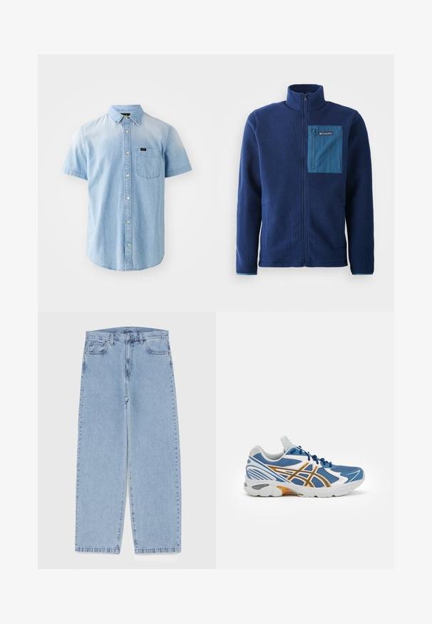 Granatowa polarowa kurtka z wysokim kołnierzem, z kontrastową niebieską kieszenią na zamek na piersi i dwiema bocznymi kieszeniami. Miękki, teksturowany materiał.; Jasnoniebieska koszula dżinsowa z krótkim rękawem, z zapięciem na guziki z przodu, jedną kieszonką na piersi i kołnierzykiem, o miękkiej, gładkiej fakturze.; Biała koszulka z krótkim rękawem wykonana z miękkiej bawełny. Posiada okrągły dekolt, luźny krój i gładką fakturę. Brak widocznych wzorów lub akcentów.; Jasnoniebieskie dżinsy o prostym kroju nogawki, z średnim stanem, pięcioma kieszeniami oraz zapięciem na guzik i zamek błyskawiczny.; Niebieski but sportowy z siateczkową cholewką, białymi i pomarańczowymi akcentami, amortyzującą podeszwą środkową i teksturowaną podeszwą z gumy. Posiada system sznurowania.