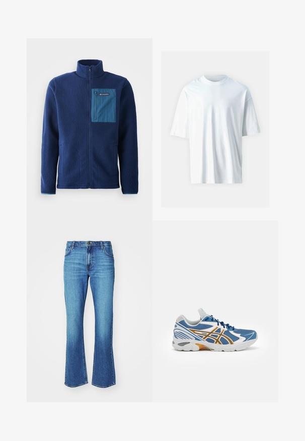 Mornarska flis jakna z visokim ovratnikom, ki ima kontrastno modro zadrgo na prsnem žepu ter dva bočna žepa. Mehka, strukturirana tkanina.; Bela kratka majica s kratkimi rokavi iz mehkega bombaža. Ima okroglo izreza, sproščen kroj in gladko teksturo. Brez vidnih vzorcev ali dodatkov.; Modri razširjeni džins s srednjim pranjem, ki se ponaša s petimi žepi, zankami za pas in zadrgo, ki se zapira s gumbom.; Modra atletska čevlja z mrežastim zgornjim delom, belimi in oranžnimi detajli, oblazinjenim srednjim podplatom in teksturiranim gumijastim podplatom. Ima dizajn na vezalke.