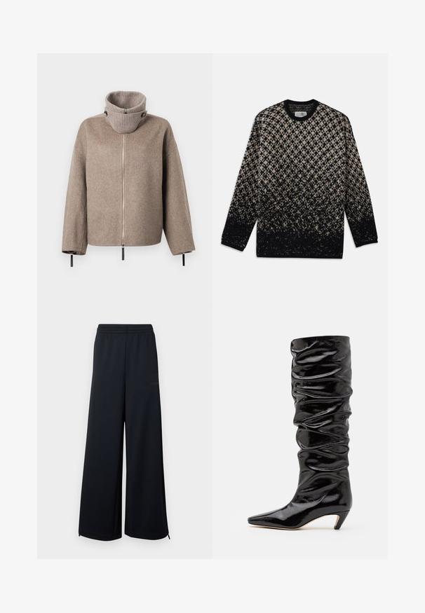 Pruun villasegu jakk, millel on kõrge sooniline krae, firesu zipp ja mustad aktsendid varrukatel, mis võimaldavad reguleeritavat sobivust.; Kootud sviiter, millel on beez ja musta värvi teemantmuster ning järkjärguline värvifadeerumine. Ümar kaelus ja pikad varrukad. Pehme tekstuur.; Mustad laiad võrkpüksid mustas värvuses, elastse vöökoht ja väikesed tõmblukkude detailid alläärtes, eksponeeritud valgel taustal.; Musthave must knee-high saapad, millel on kortsus tekstuur, terav varvas ja madal koonusheel. Silmapaistev materjal õrna sära ja läikega.