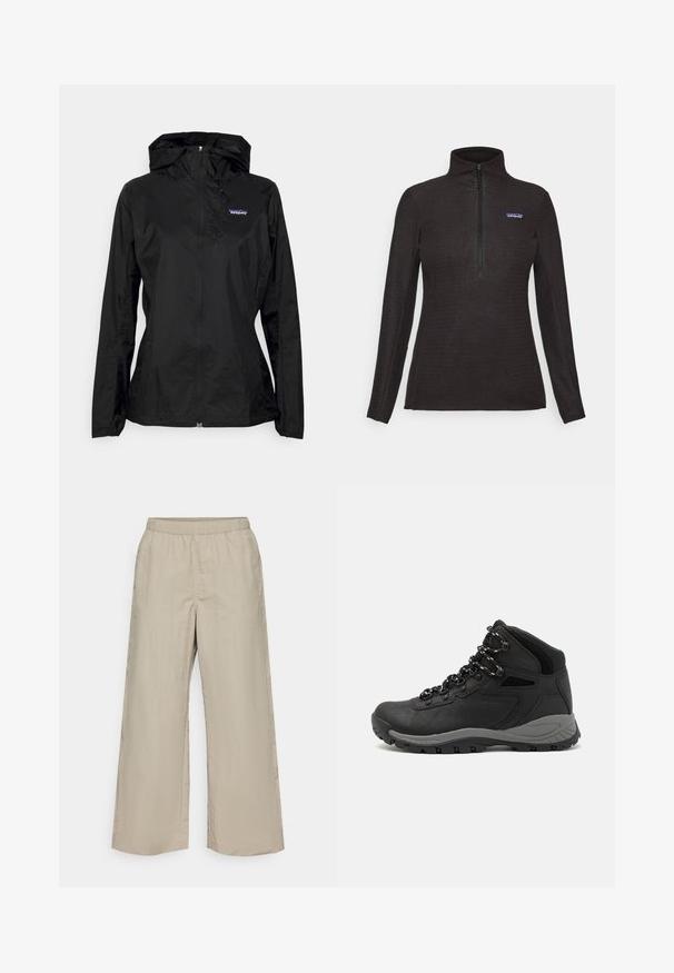 Schwarze, leichte Jacke mit Kapuze, Reißverschluss vorne und elastischen Bündchen. Verfügt über ein kleines gesticktes Logo auf der linken Brust. Glatte Textur.; Schwarzer, strukturiert-flauschiger Pullover mit langen Ärmeln, einem Viertel-Reißverschluss und einem kleinen Logopatch auf der linken Brust.; Weite Beinhosen aus leichtem beige Stoff mit einem elastischen Bund, glatter Textur und ohne sichtbare Beschläge oder Muster.; Schwarzer Wanderstiefel mit einem mittelhohen Design, ausgestattet mit einer strukturierten Oberfläche, grauen Akzenten und einer robusten Gummisohle mit Profilstollen.